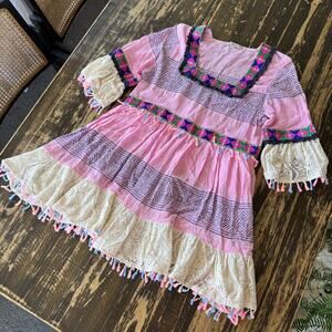 SAVAGE CULTURE - Pink Boho Tassel Summer Crochet Dress - LARGE